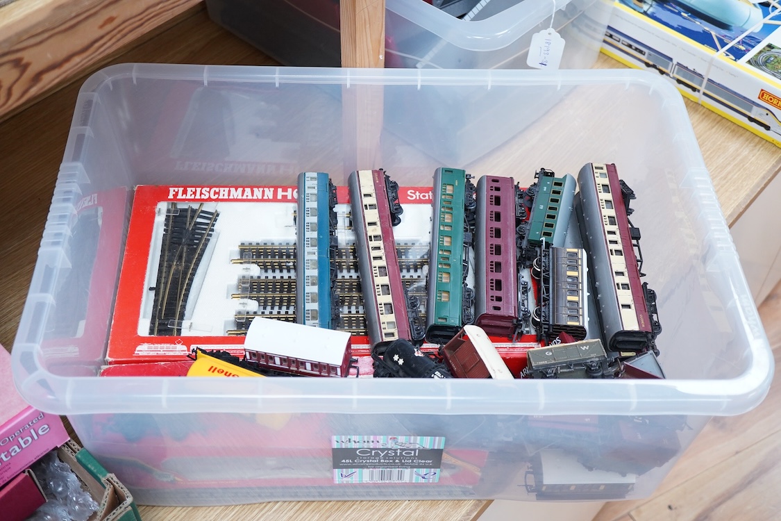 A quantity of HO and 00 gauge railway, comprising; twelve locomotives including a boxed Fleischmann 0-4-0 catenary electric locomotive, a Hornby Dublo Duchess of Atholl, etc. eleven bogie coaches, sixteen freight wagons,